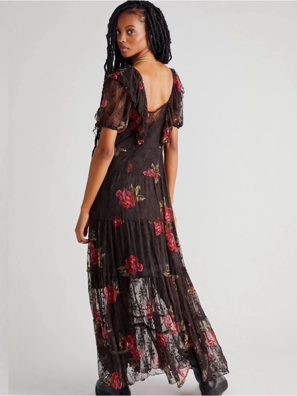 Free People Hollis Maxi Dress XS Black Floral Lace Coca Cola Combo Boho Romantic